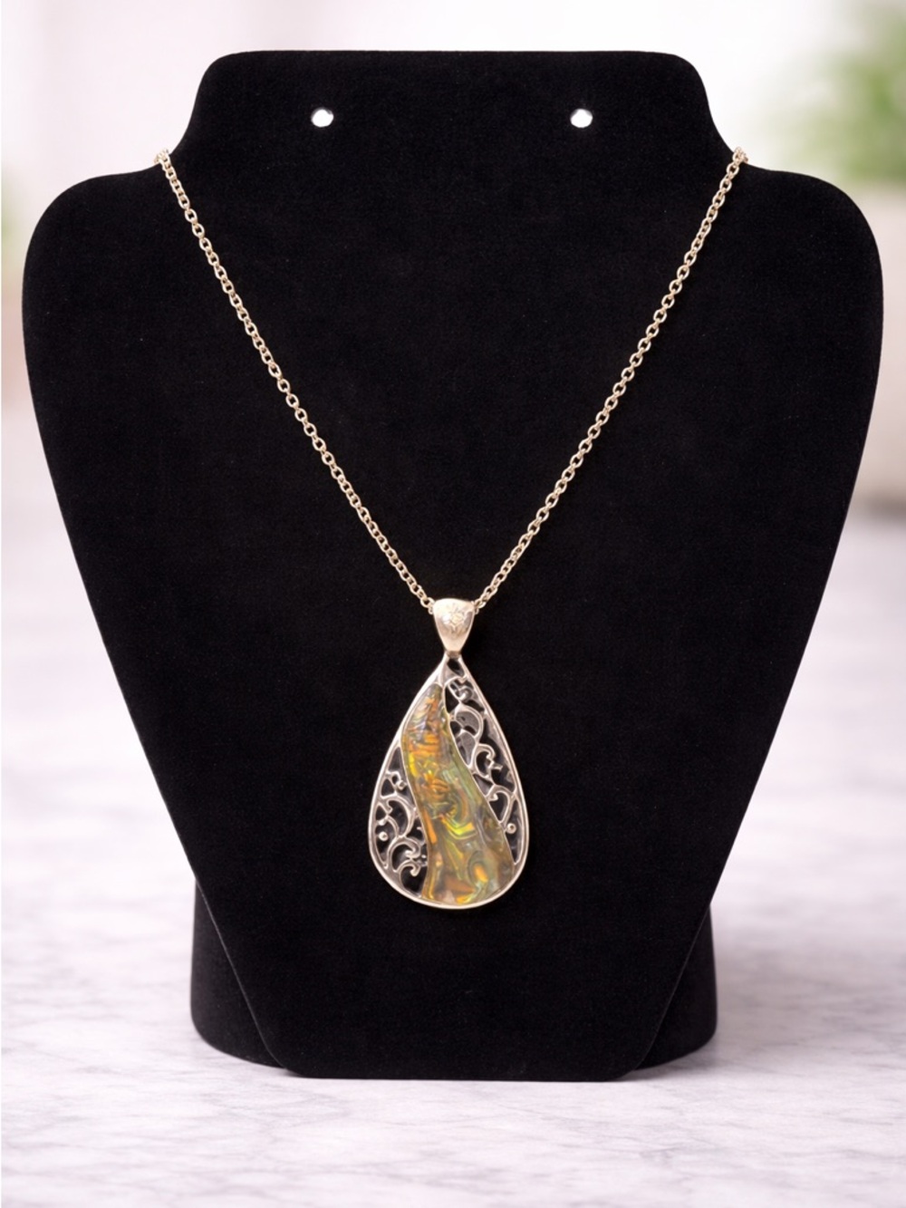 Gold Filigree Teardrop Pendant Necklace with Iridescent Inlay